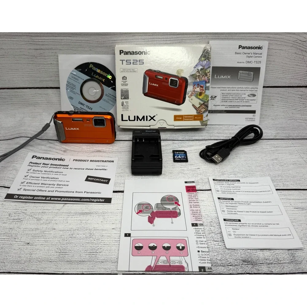 Panasonic Lumix DMC TS25 Orange Waterproof 16.1 MP Digital‎ Camera 64GB SD Card